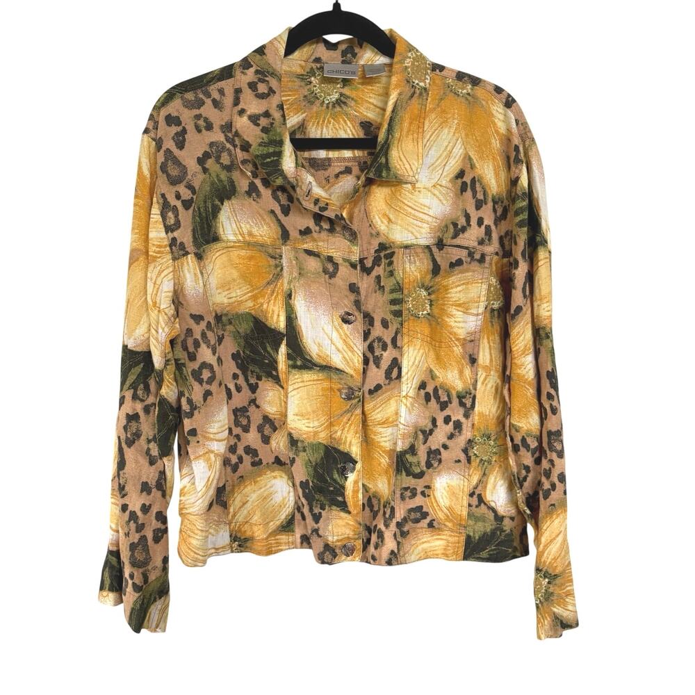 Chico's Linen Jacket Yellow Animal Print Floral Lightweight Maximalist XL